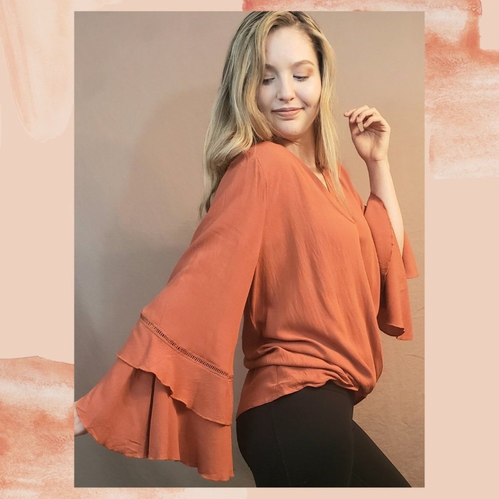 Burnt Orange Ruffle Bell Sleeve Surplus Blouse - Picture 4 of 6